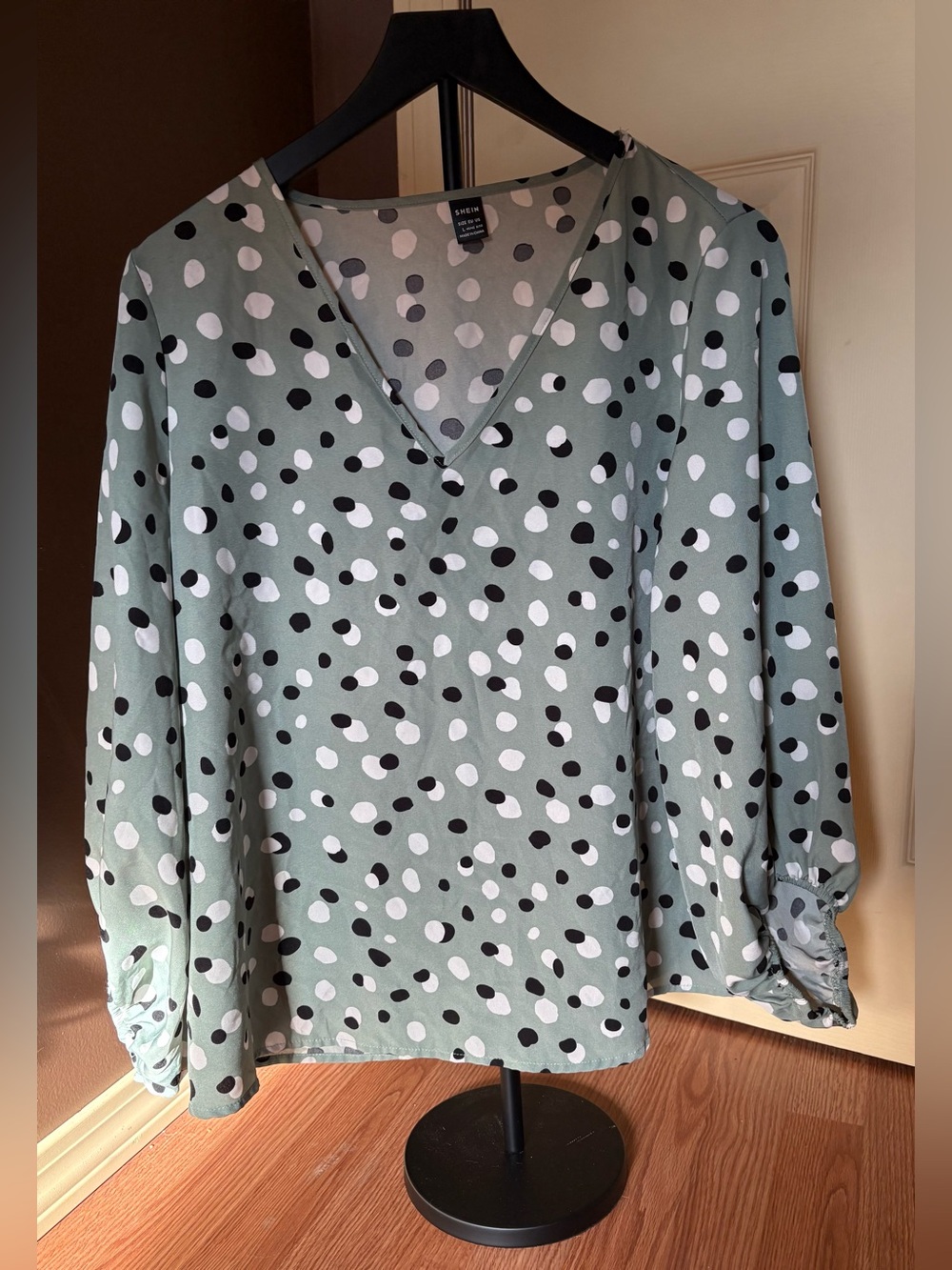 SHEIN Sage Green Polka Dot V-Neck Blouse